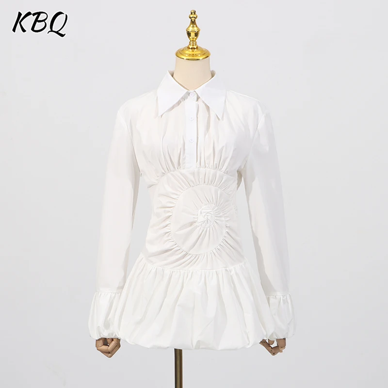 

KBQ Minimalist Solid Spliced Folds Tunic Dresses for Women Lapel Long Sleeve High Waist Temperament Short Dress Female Fashion