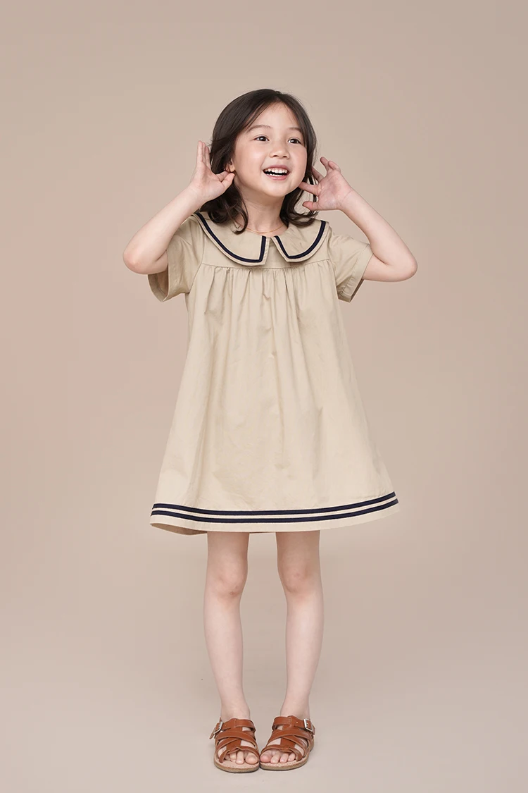 Humor Bear Summer Girl\'s Dress Solid Color Navy Collar Short-sleeved Fashion Casual Princess Dress Children Kids Clothing