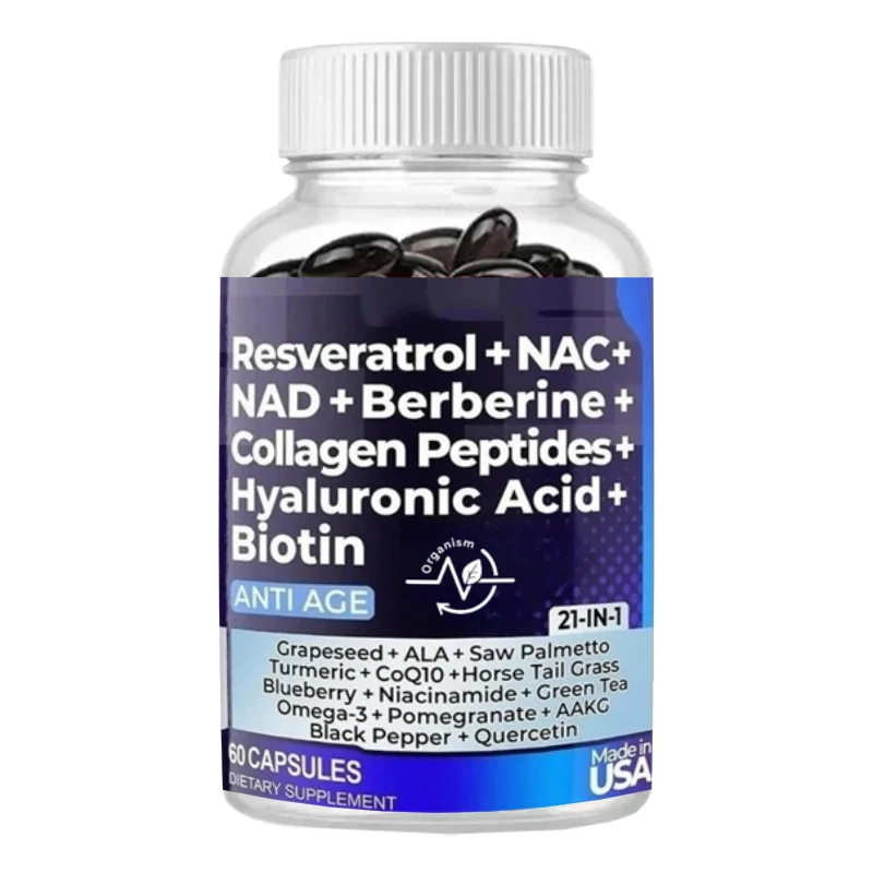 

Resveratrol NAD+Aspartate Hyaluronic Acid Grape and Blueberry, Hair, Nail, and Joint Supplements -60 Capsules