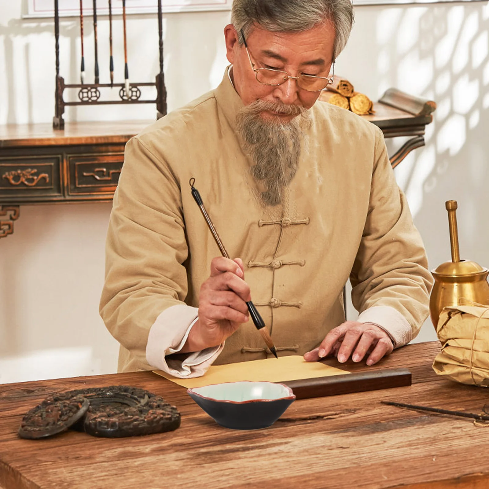 

2Pcs Ink Tray Calligraphy Ink Holder Brush Washing Dish Study Room Desktop Inkwell Ceramic Water Dish Office Brush Pen Rest