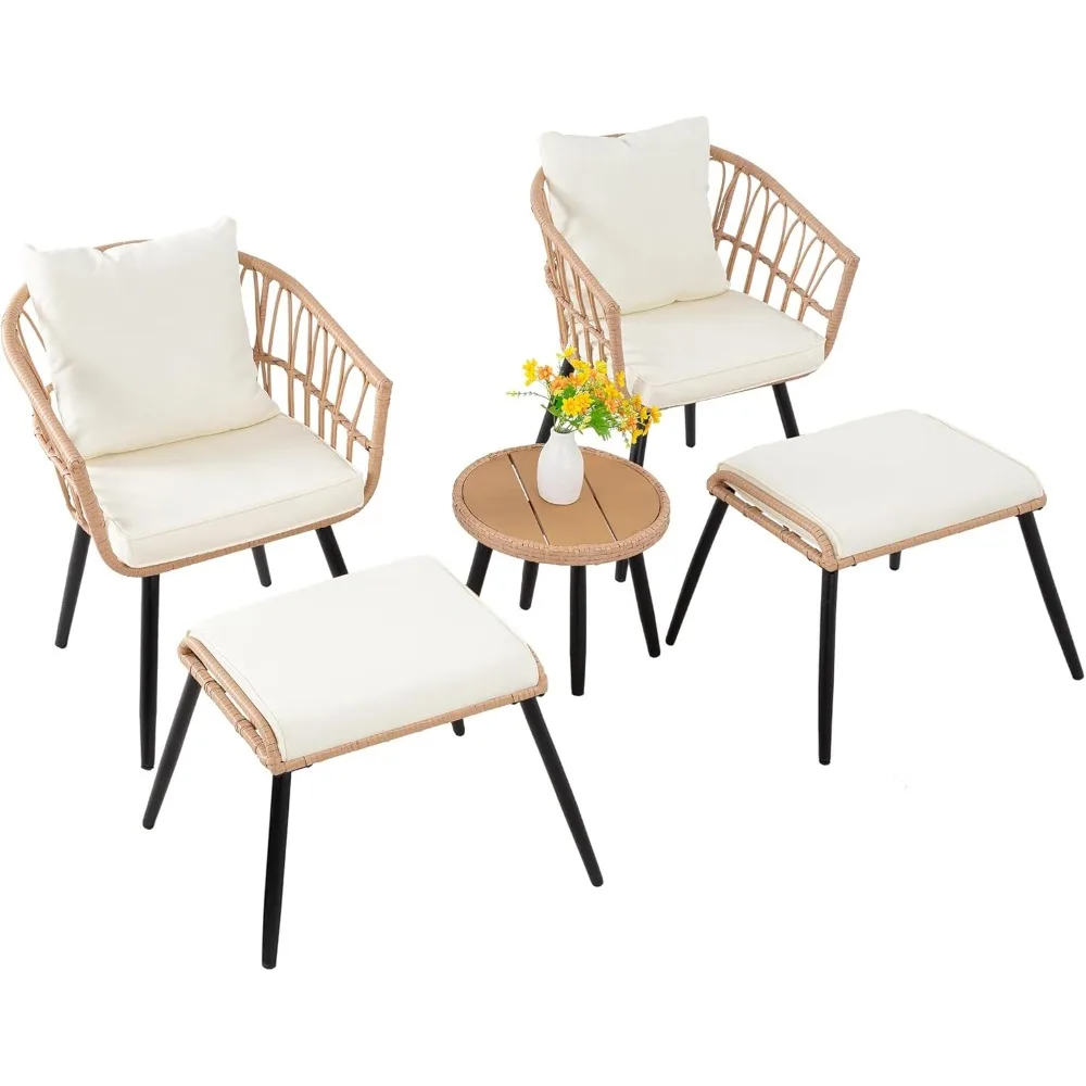 

Outdoor Patio Furniture Set, Patio Bistro Set with Ottoman, Balcony Furniture Wicker Chairs and Round Table for Garden, Porch