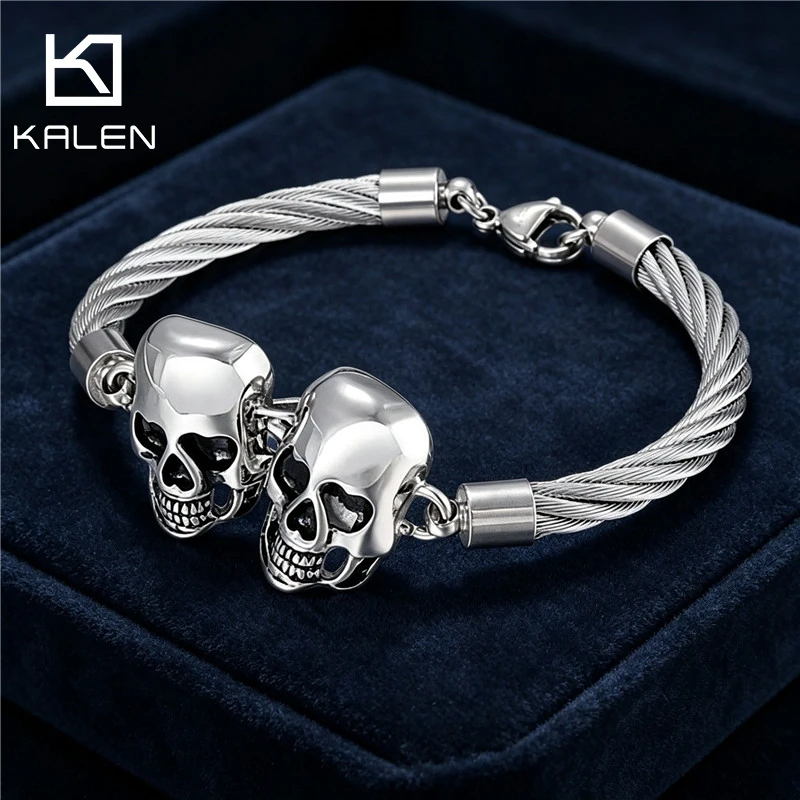 KALEN Vintage Unique Skull Design Stainless Steel Bracelet For Men Street Rock Singer Bracelet Fashion Jewelry Halloween Gifts