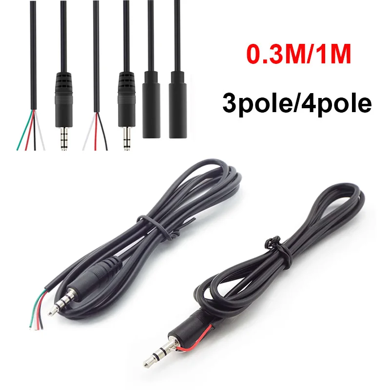 3.5mm 3 Pin 4 Pin Male Female Connector 0.3M 1M Audio Extension Cable Aux Head Line 3.5mm Stereo DIY Earphone Cable Audio Wire