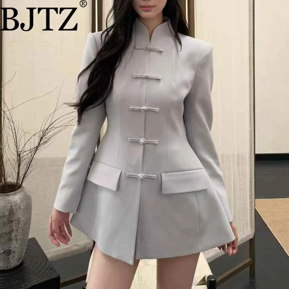 BJTZ Mode A-lijn Taille Blazer Jas Voor Vrouw 2025, Lente Herfst Nieuwe Single Breasted Stand Kraag Effen Kleur Vrouwelijke Kleding