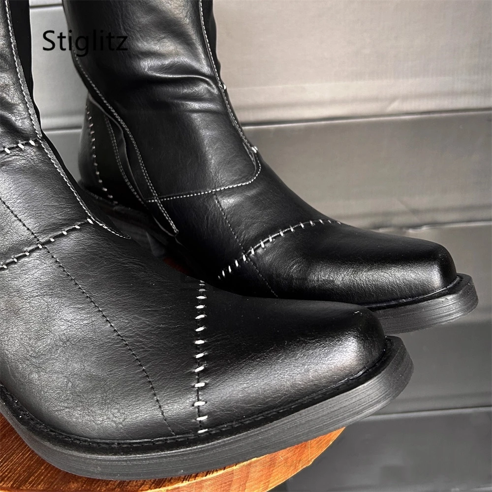 

Men's Retro Black Stitching Cowboy Boots Leather Patchwork Knight Boots Pointed Toe Zipper Ankle Boots Neutral Casual Shoes