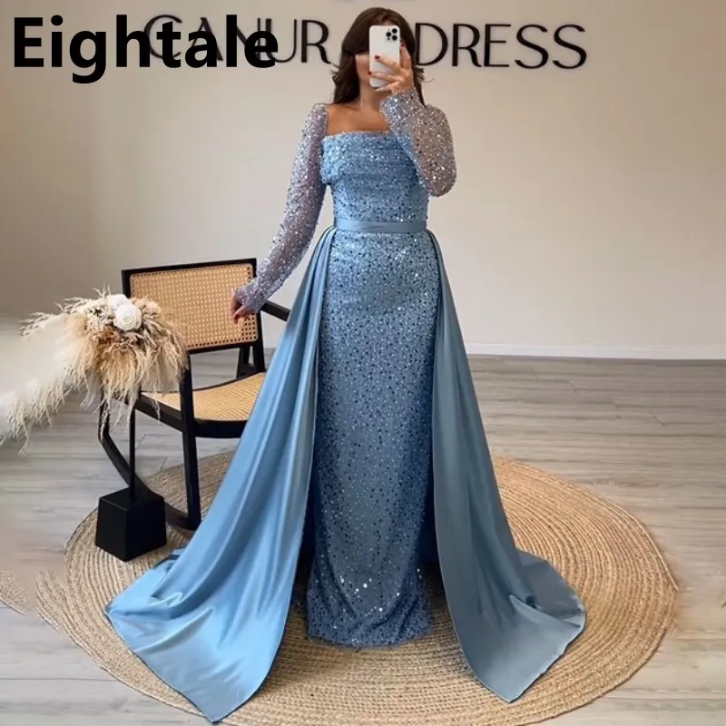 

Eightale 2025 Sky Blue Mermaid Sequin Evening Dresses For Wedding Party Removable Skirt Square Neck Prom Dress Dubai Party Gown