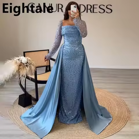 Eightale Sky Blue Mermaid Sequin Evening Dress Wedding Party Skirt Square Neck Prom Dress Dubai Party Gown Customized