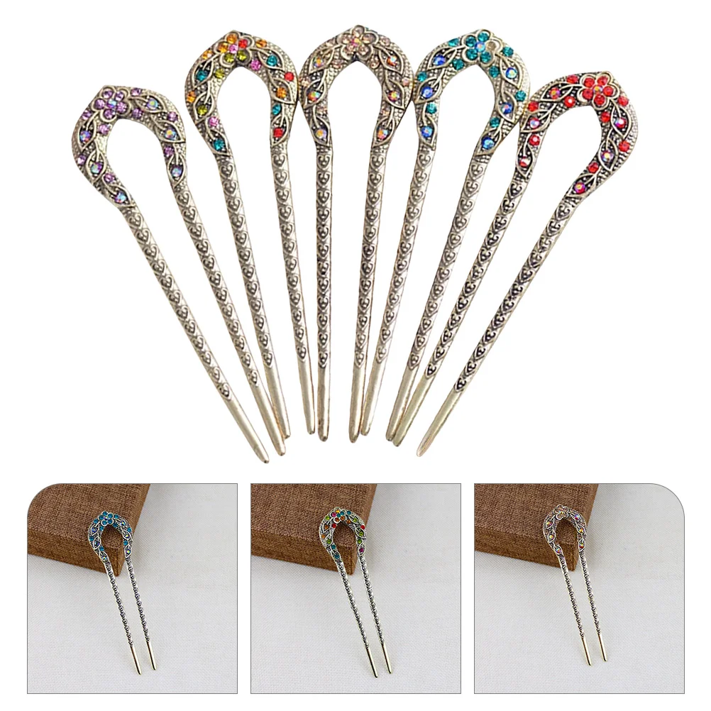 

5 Pcs Vintage Rhinestone Hairpin Toppers Stick Bun Holder Chinese Long Alloy Women's