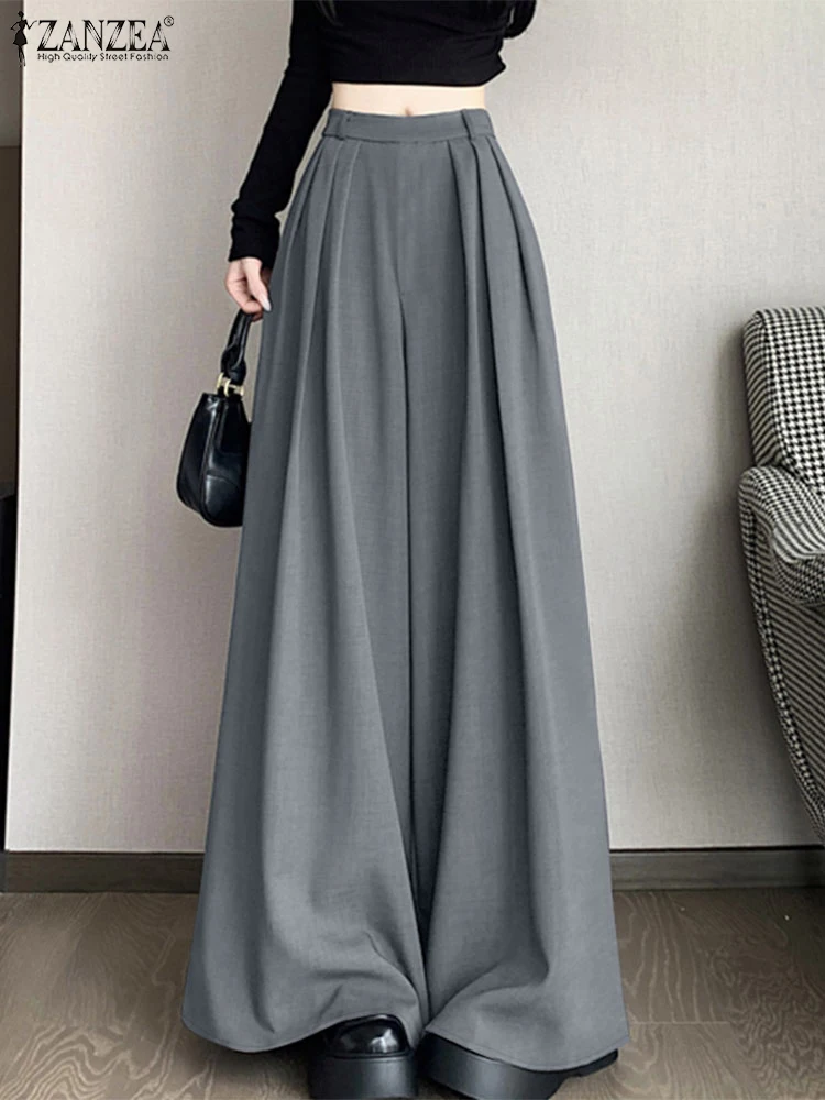 

ZANZEA 2025 Spring Drapey Wide Leg Pants Pleated Solid Color Elastic High Waist Elegant Trousers Loose Women Casual Pantalon