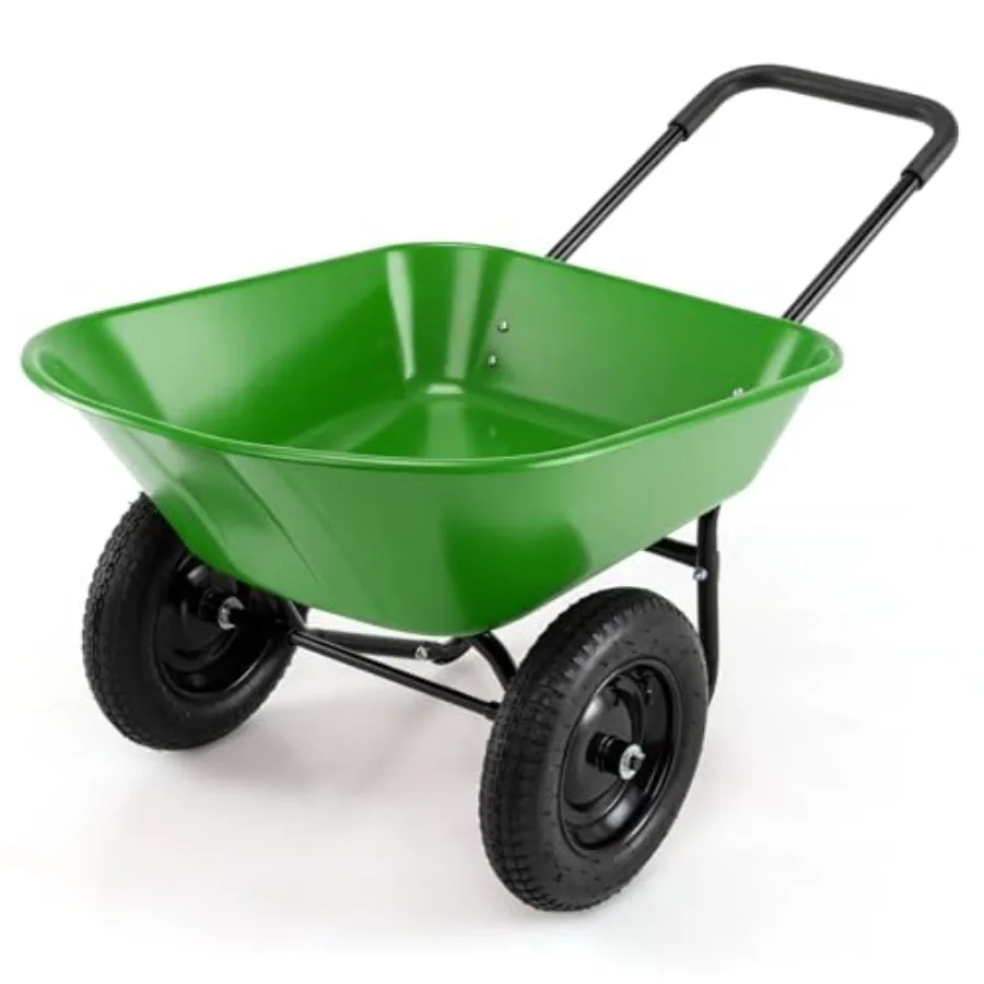 Garden yard cart for gardening tool, moving soil/wood/gravel/mulch: dual-wheel wheelbarrow with 14-inch pneumatic rubber tires,
