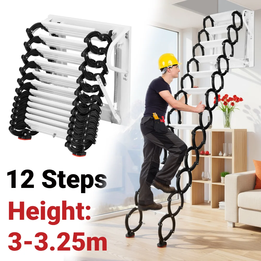 Wall Mounted Attic Ladder 660Lbs Pull Down Attic Ladder w/ Armrests 12-Step Al-Mg Alloy Collapsible Ladder Pull Down Attic Stair