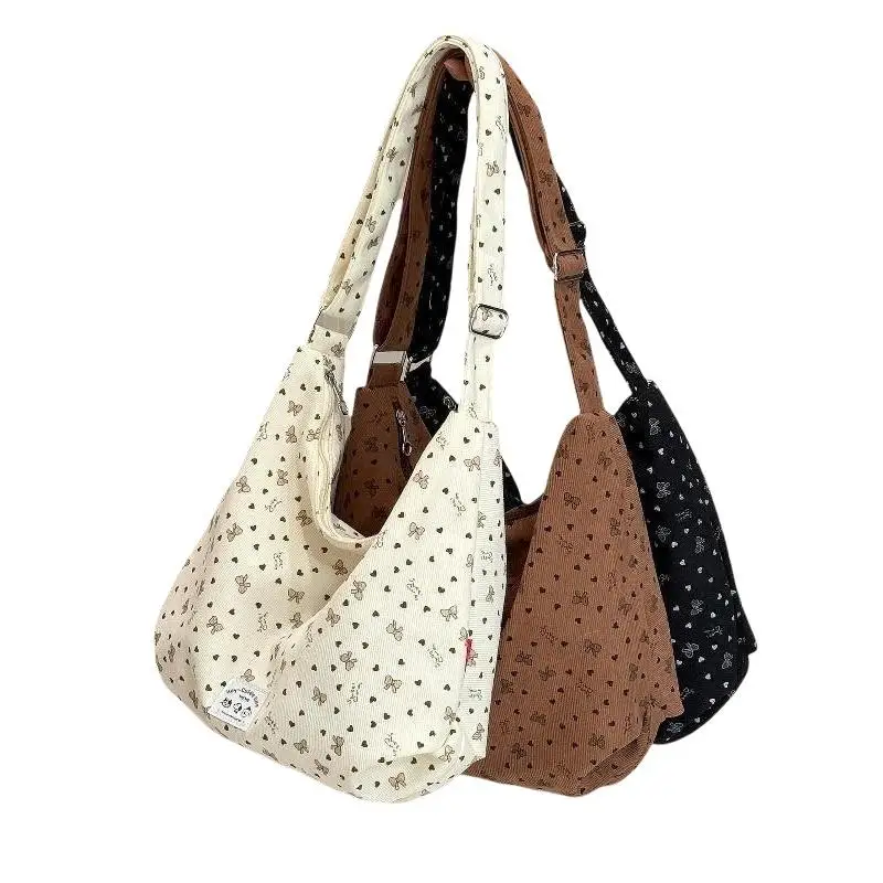 Vintage-Handtasche im Hobo-Stil aus Cord mit Blumenmuster, verstellbarer Riemen, große Kapazität, Schultertasche für Schule, Einkaufsbummel und den täglichen Weg zur Arbeit. – Detail 7