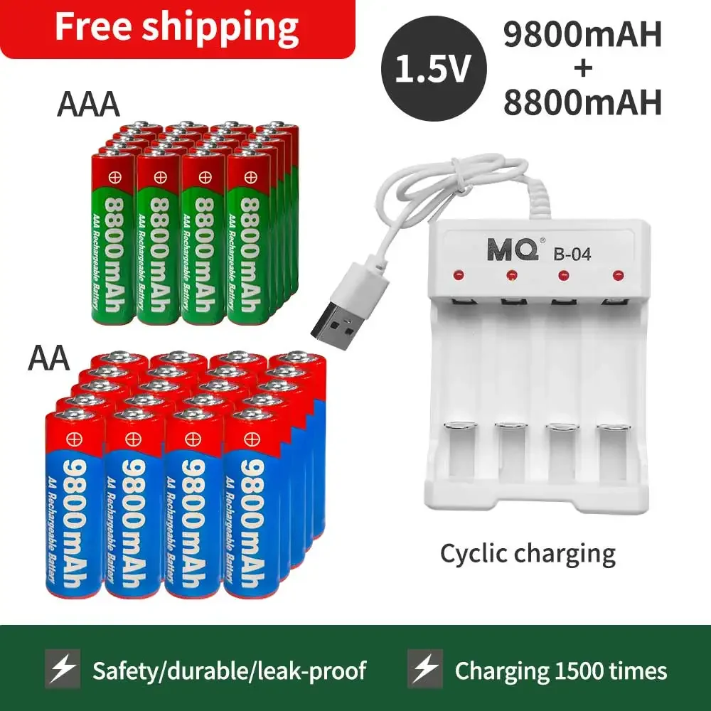 جديد 1.5 فولت AA9800 مللي أمبير + AAA8800 مللي أمبير + شاحن USB 1.5 فولت ، بطارية نيكل هيدروجين قابلة لإعادة الشحن ، تستخدم للألعاب الإلكترونية ، بطاريات الكاميرا