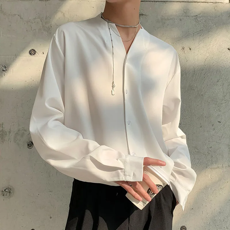 

High-end Men Clothing Collarless Shirts for Men Trendy Drapey Ice Silk Shirt Long Sleeve Solid Color Casual Button Korean Shirt