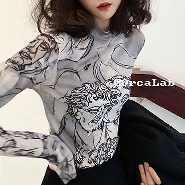 Mesh See Through Long Sleeve Tees Y2K Harajuku Graphic T Shirts Women Grunge Kpop Fashion Casual Sun-proof Cropped Tops