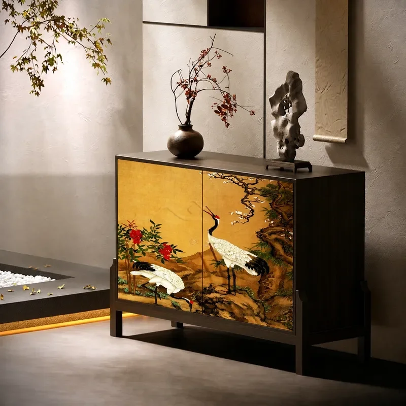 Song Style Aesthetics Pine Crane Pattern Solid Wood Porch Cabinet Side Cabinet Set Living Room Storage Antique Furniture