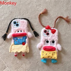 3D Cartoon Braided Girl Silicone Phone Case For iPhone 16 pro 15 Plus 14 13 12 11 Pro Max Cute Warm Fur Sausage Mouth Cover Gift