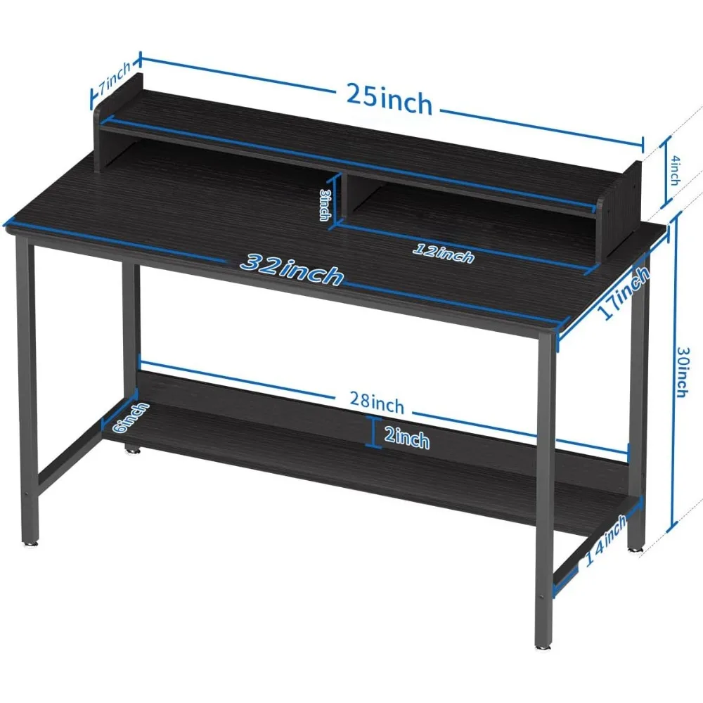 32 Inch Gaming Writing Desk, Study PC Table Workstation with Storage for Home Office, Living Room, Bedroom, Metal Frame, Black