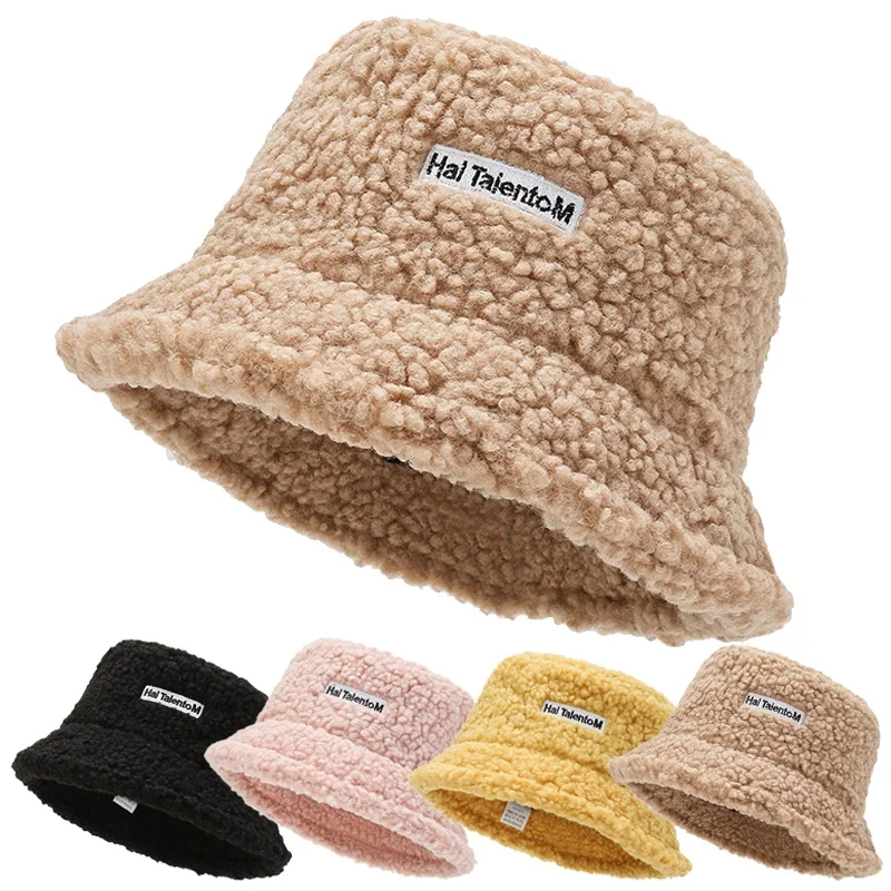 Winter Lamb Wool Bucket Hat Autumn Warm Hats for Women Lady Thicken Flat Top Cap Unisex Men Panama Outdoor Fisherman Hat Caps