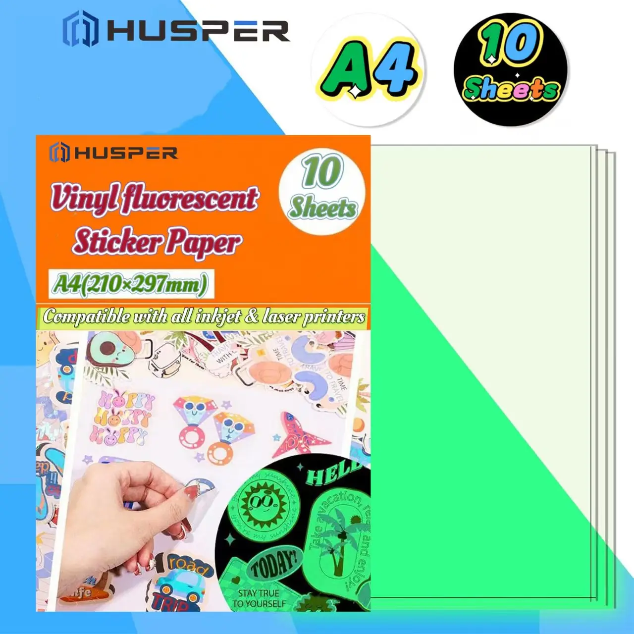 A4 6/10 Sheets Printable Glow in The Dark Sticker Paper Luminous Water-resistant Vinyl Sticker Paper for Inkjet Printer