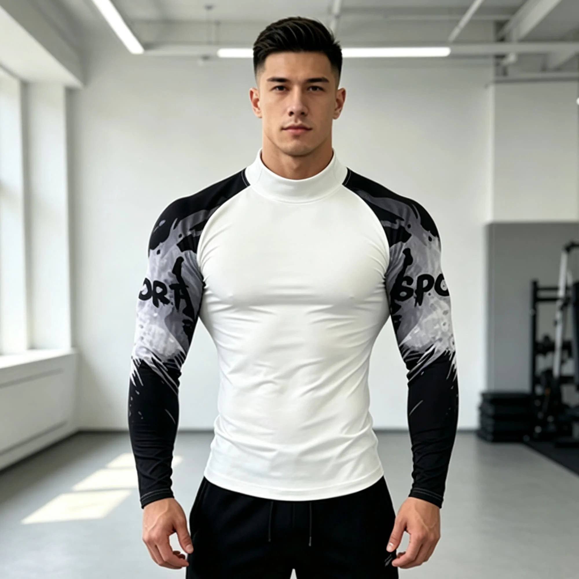 Athletic Men Mock‑Neck Long Sleeve Base Layer Tee Street Graffiti Print Shirt For Weightlifting Fitness Gym Sport