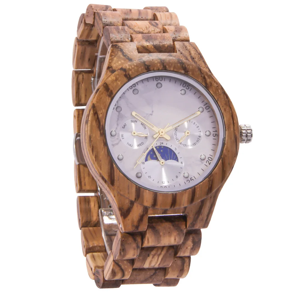 

Fashion Enamel Dial Neutral Wooden Classic Retro Multifunctional Sun Moon Star Quartz Watch