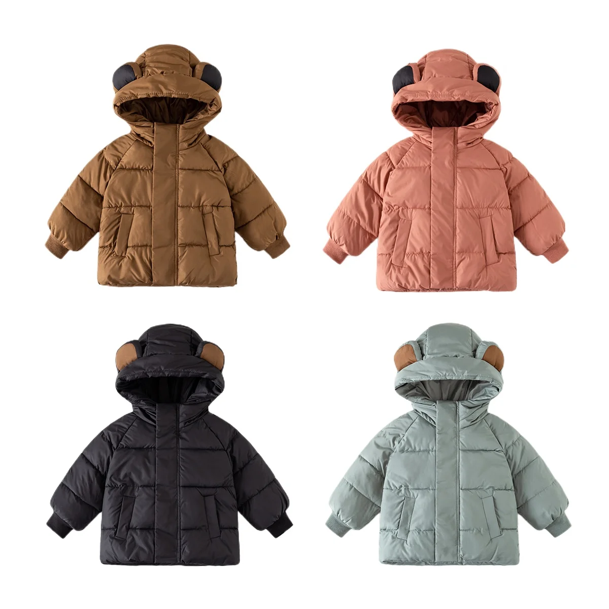 Boys' Stylish Cartoon Ear Hooded Polyester-filled Jacket Winter Solid Color Long Sleeve Thick Warm Padded Coat for Kids Ages 2-7