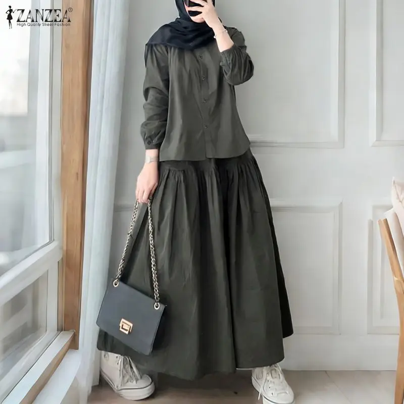 2026 ZANZEA Damen Muslimische 2-teilige Sets Vintage O-Ausschnitt Langarm-Oberteil Kleidsets Einfarbiger Arbeitsrock-Anzug Ramadan-Outfit