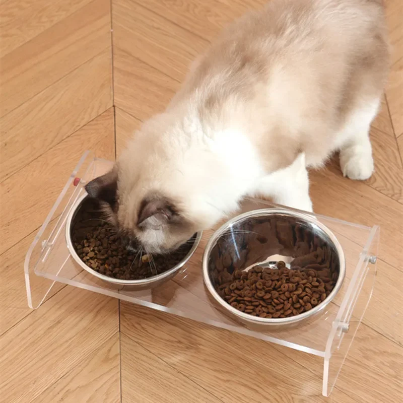 Acrylic Stainless Steel Pet Bowl Cat Bowl Cat Feeder Weighing Anti-upset Dog Bowl Dogs Accessories Double Bowl Puppy Feeder