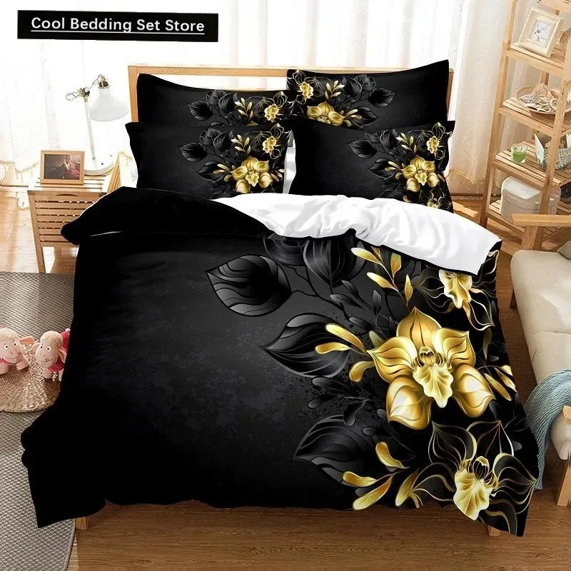 

Flower Duvet Cover Set Queen King Size Blooming Golden Flower Twin Bedding Set for Girls Women Vibrant Floral Theme Quilt Cover