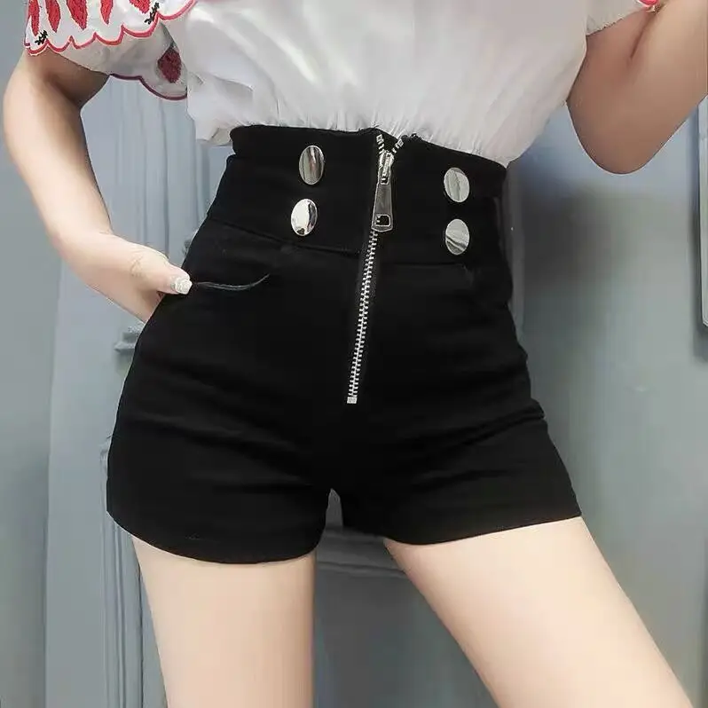 Black Zipper Short Pants Women's Autumn Winter Outerwear Fashion Design Drawstring Belted Pleated Base Layer Casual Wide Leg ...