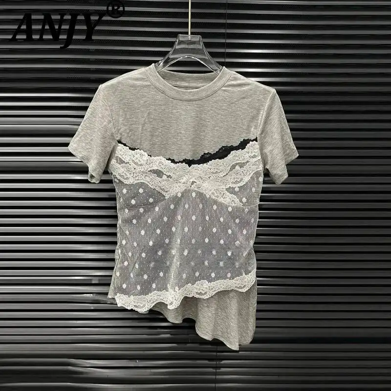 ANJY Summer New Women Korean Style Contrast Color Lace Patchwork Fake Two-Piece Short Sleeve Top Irregular Casual T-shirt A24278