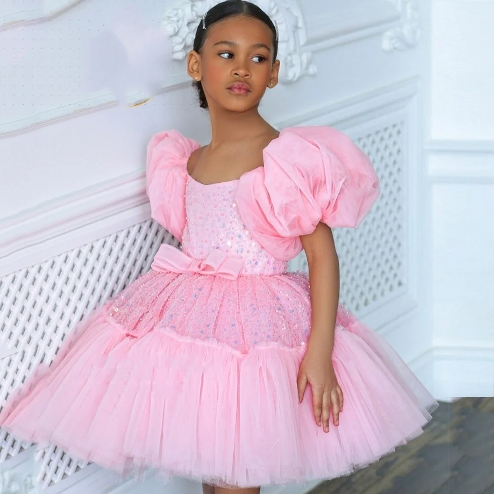 

Custom Luxury Flower Girl Dress Wedding Gown Birthday Party Pageant Catwalk Puff Sleeve Sequin Blue Tulle Tutu Dress فساتين اطفا