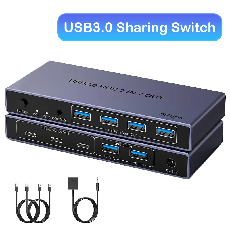 USB3.0 Sharing Switch 2 in 7 out USB Switcher for 2 Computers Share 7 USB Devices (4 USB-A + 3 USB-C) 5Gbps Rate for PC Laptop