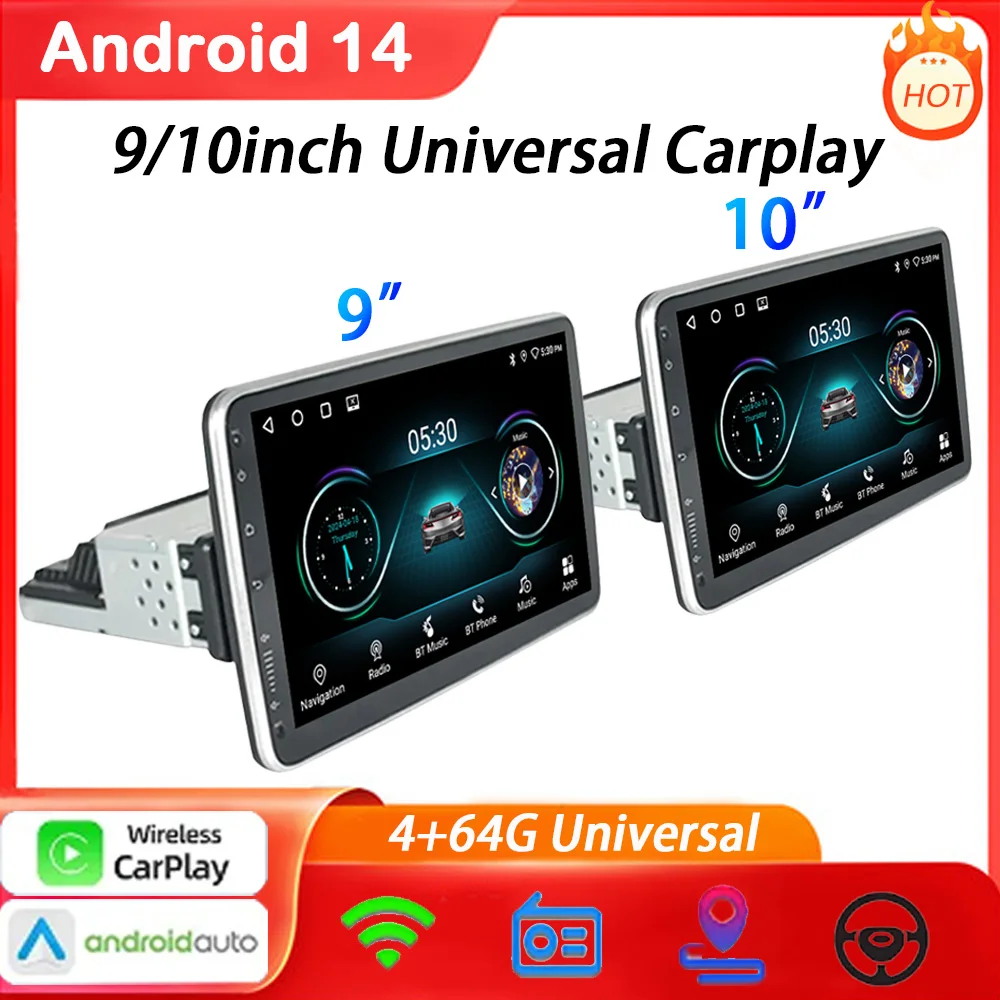 9/10inch 4+64G 1din Android14 Car Stereo Radio Rotate Touch Screen For Universal Carplay GPS Navigation Bluetooth WIFI autoradio