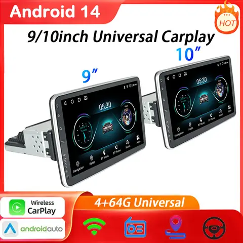 9/10 인치 4 + 64G 1din Android14 자동차 스테레오 라디오 범용 Carplay GPS 네비게이션 블루투스 WIFI autoradio 용 터치 스크린 회전