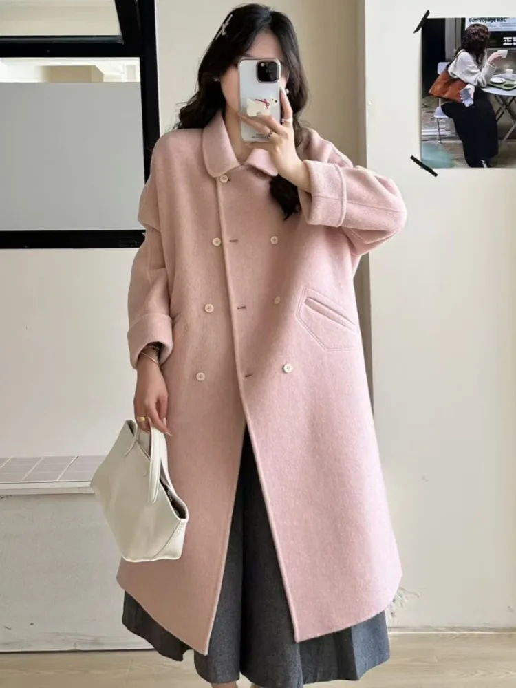 ZMEENNA Damen Zweireihiger Langer Mantel aus Wollmischung, elegante Winterjacke, lässig, einfarbig, übergroße Oberbekleidung ZM3634