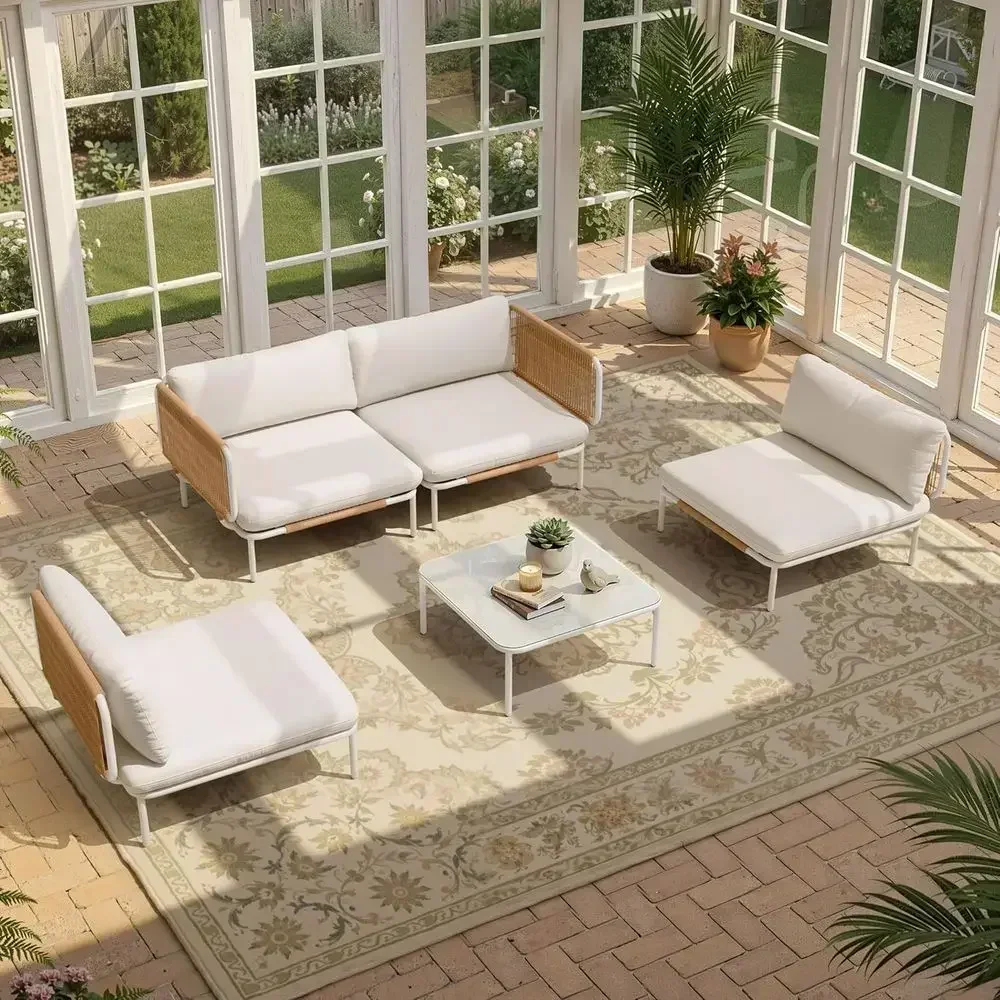 5-Piece Outdoor Sectional Sofa Set with Coffee Table - 31 Deep Seating for Patio, Weather-Resistant Low-Profile 11 Seats, Beige