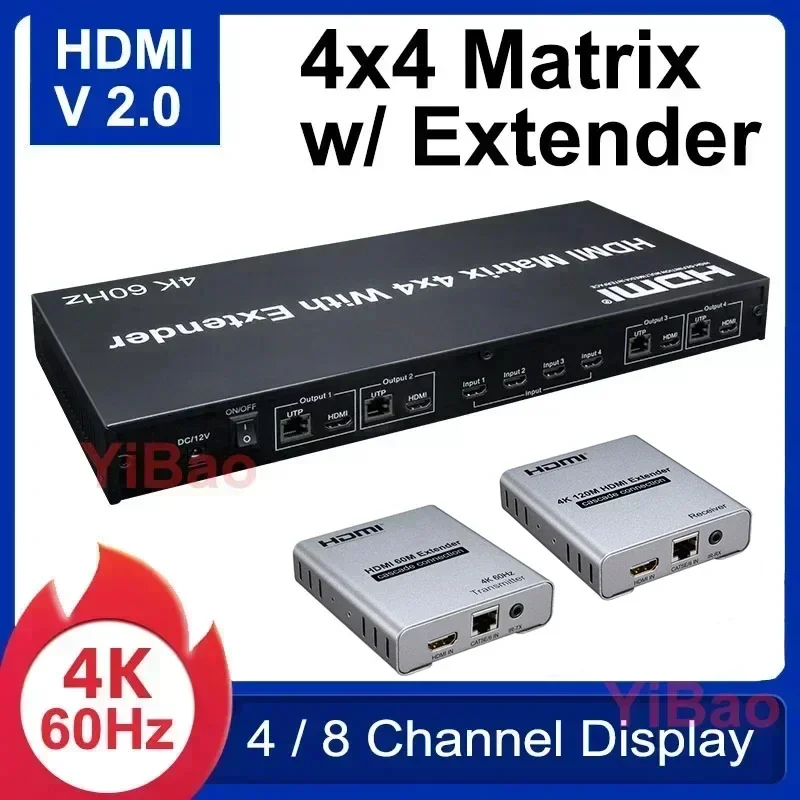 4K 60Hz 4x4 Matrix HDMI2.0 Matrix Extender Via Cat5e Cat6 Rj45 Ethernet Cable Video Switch Splitter 4 in 4 Out 8 Channel Display