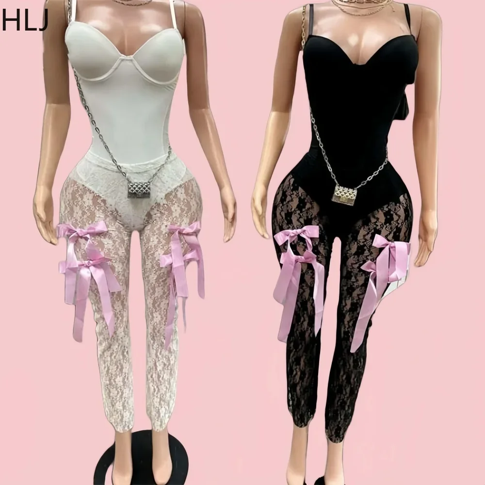 

HLJ Sexy Lace Sheer Bow Pants Two Piece Sets For Women Thin Strap V Neck Bodysuits And Skinny Pants Outfit Fashion Clubwear 2024