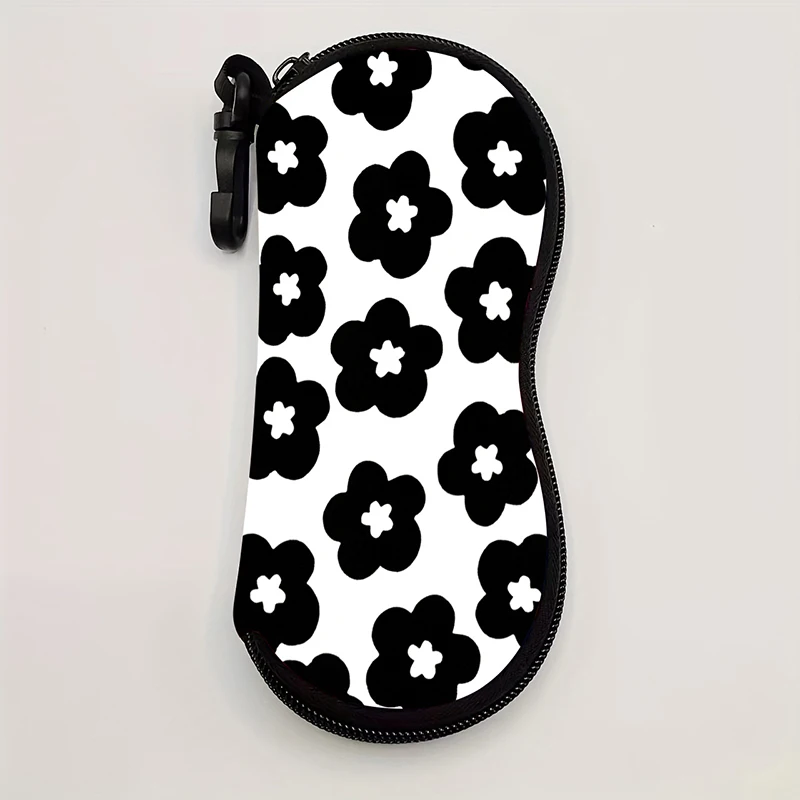 Black And White Floral Eyeglasses Case Portable Zippered Sunglasses Pouch Lightweight Waterproof Storage Bag Travel Essential