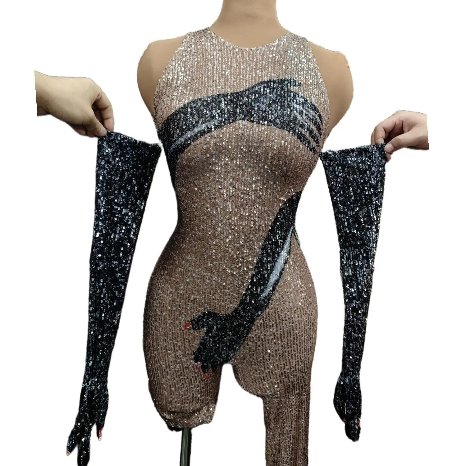 Nightclub Performance Party Wear Unique Pattern Sexy Shiny Sequins Bar Sets One Piece Jumpsuit