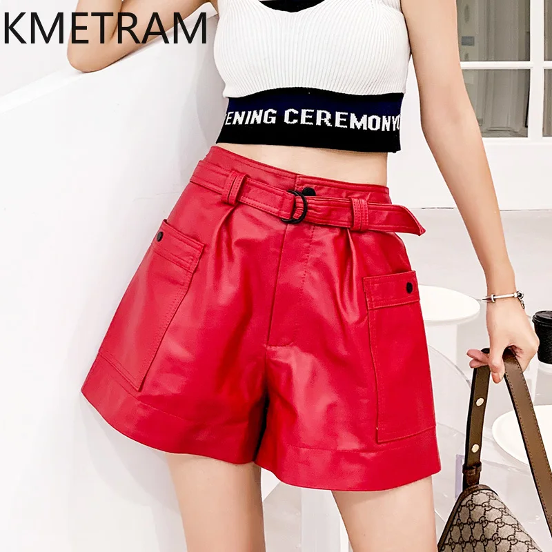 KMETRAM Genuine Leather Shorts Autumn Winter Korean Trousers Elastic High Waist Sheepskin Women Shorts Fashion Трусы Женские