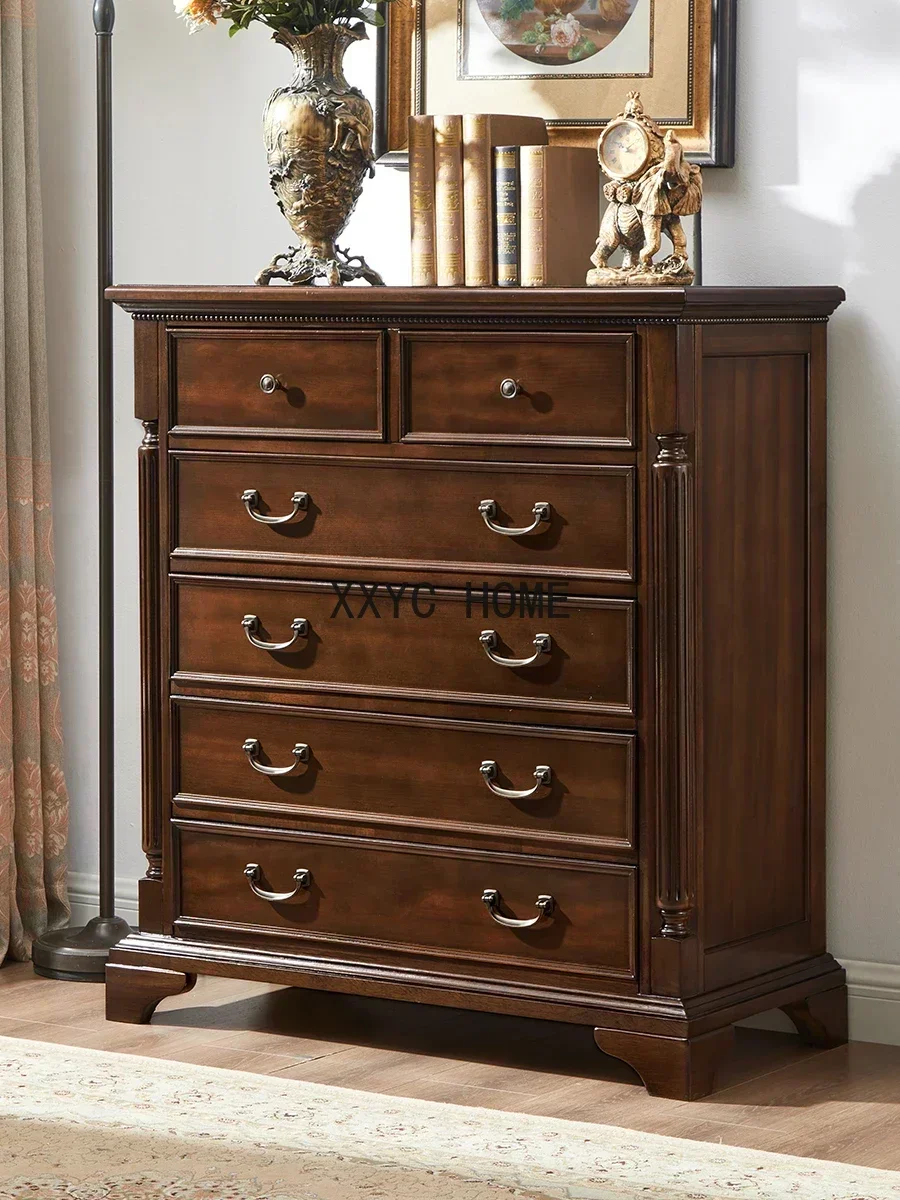 

American Country Solid Wood Chest of Drawers Vintage Walnut White Wax Bedroom Storage Organizer Chest of Drawer