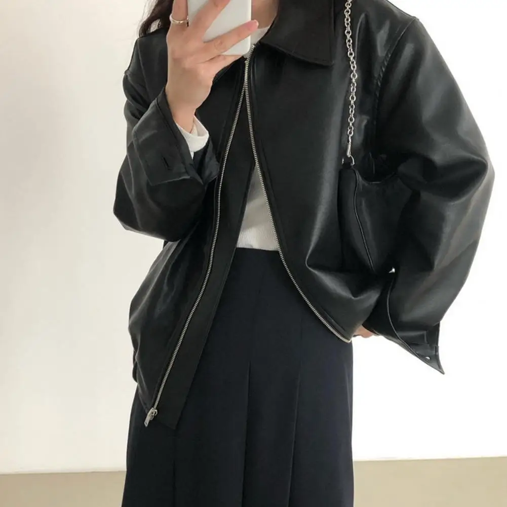 Herbst Winter Frauen Faux Leder Jacke Einfarbig drehen-unten Kragen Zipper Verschluss Oberbekleidung Stretchy Saum Dame Motorrad Mantel