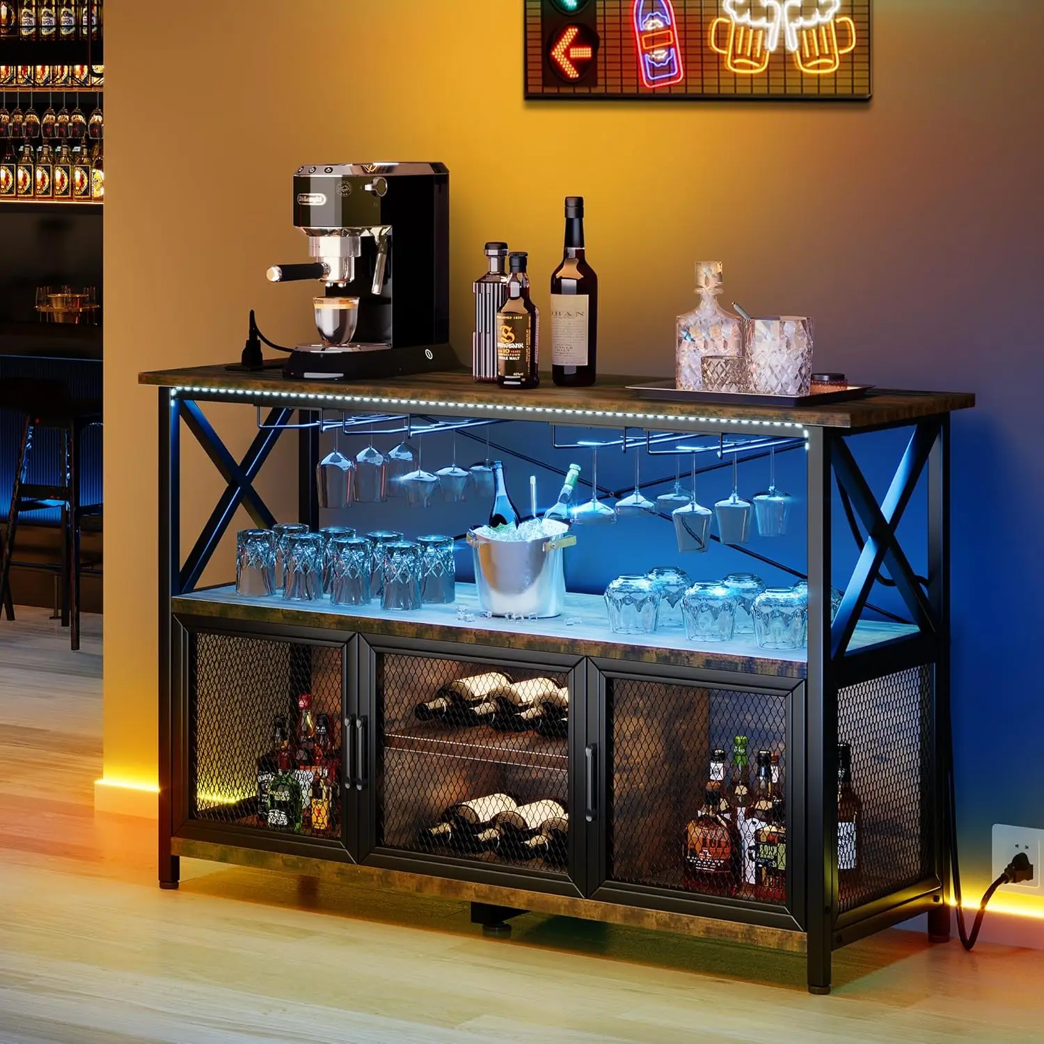 YITAHOME 55" Wine Bar Cabinet with LED Lights Power Outlets, Industrial Coffee Bar Cabinet with Storage and Goblet Stand