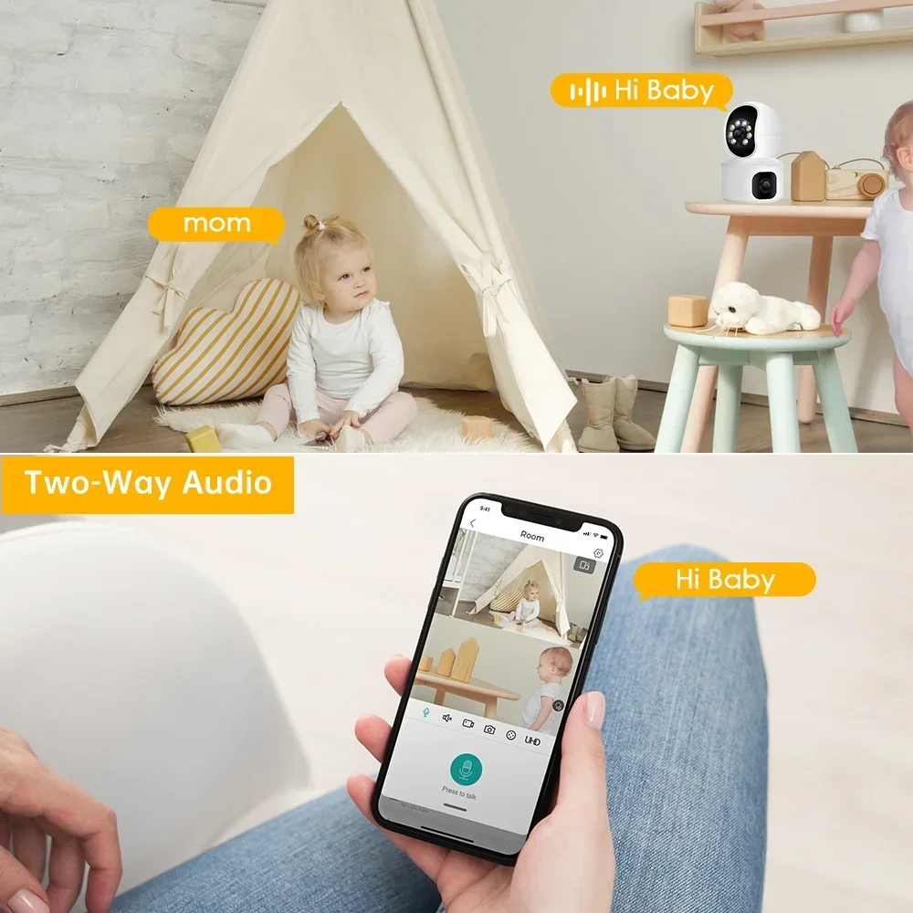 Caméra de surveillance intérieure PTZ IP WiFi HD 4MP/360, dispositif de sécurité sans fil, babyphone vidéo, avec vision nocturne et écran pour touristes