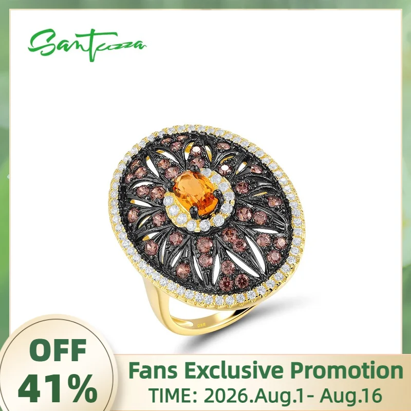 SANTUZZA Authentic 925 Sterling Silver Rings For Women Sparkling Chocolate CZ Flower Oval Fashion Party Gifts  Fine  Jewelry