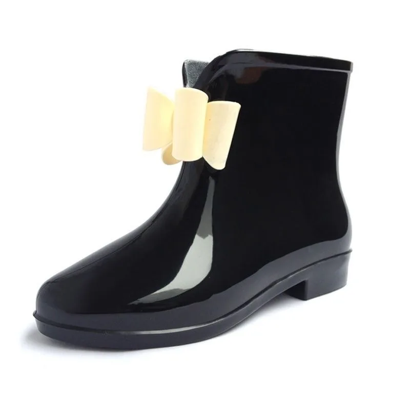 Botas de lluvia de tacón bajo con punta estrecha y lazo a la moda, botas de goma de plástico con lentejuelas para mujer, botas de goma de PVC antideslizantes impermeables, zapatos de goma para acampar