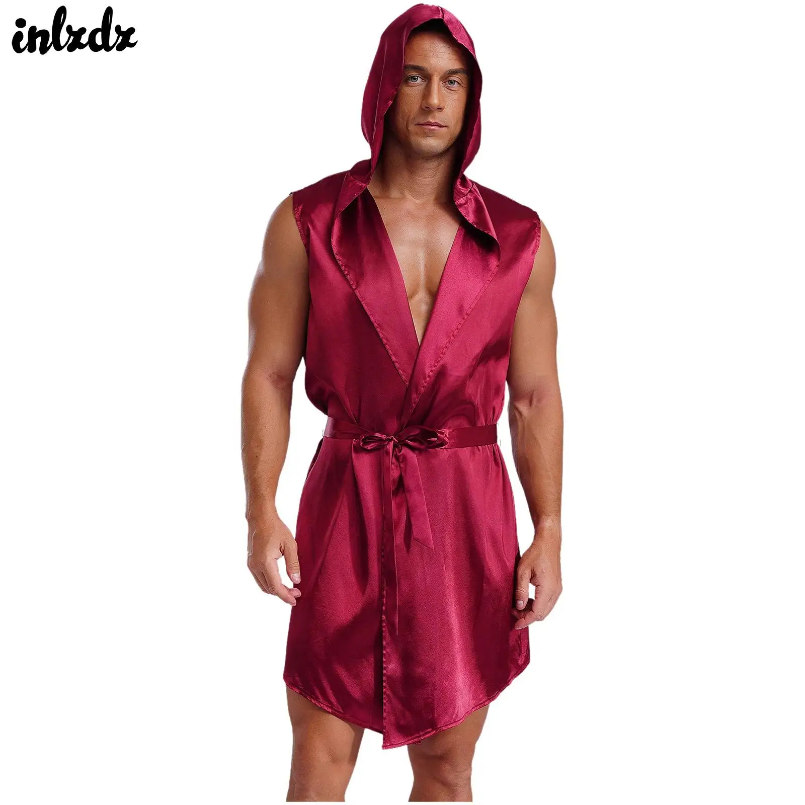 Mens Satiny Hooded Pajama Robe with Belt Sleeveless Open Front Lace Up Sleepwear Loungerwear Sissy Bathroom Sauna Robe Homewear